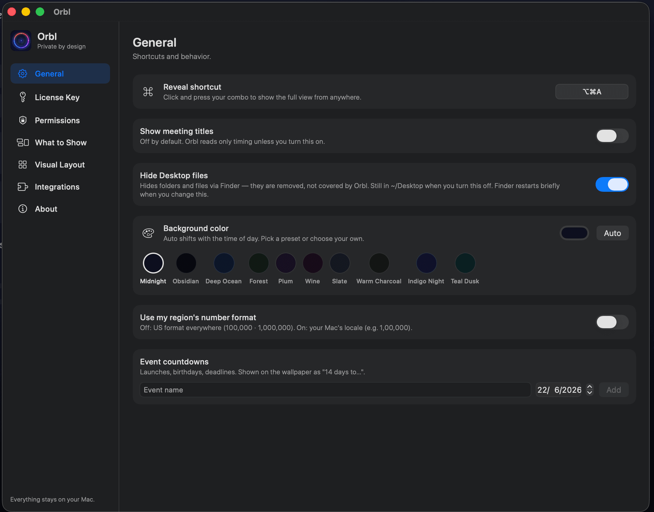 Orbl General settings