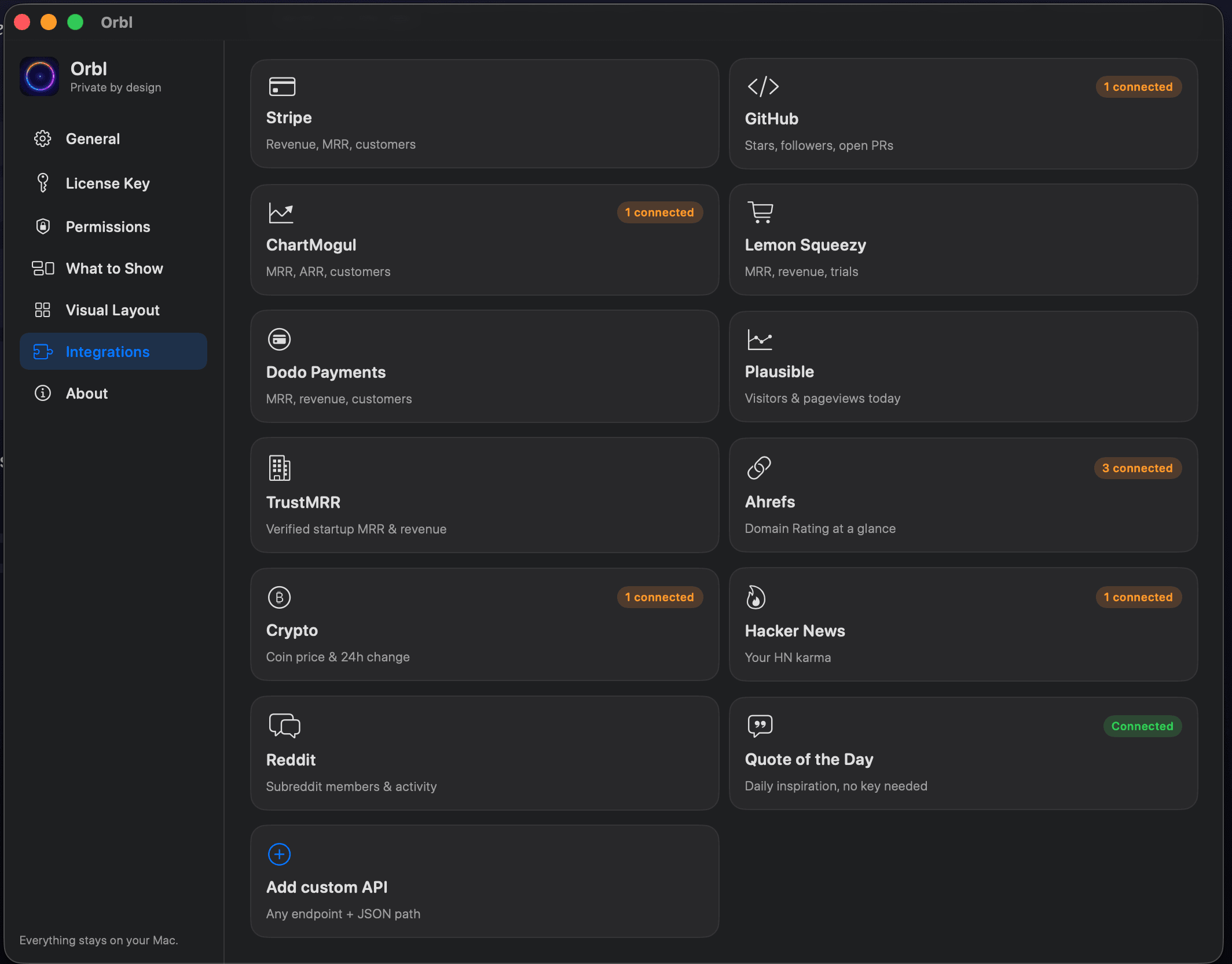 Orbl Integrations settings