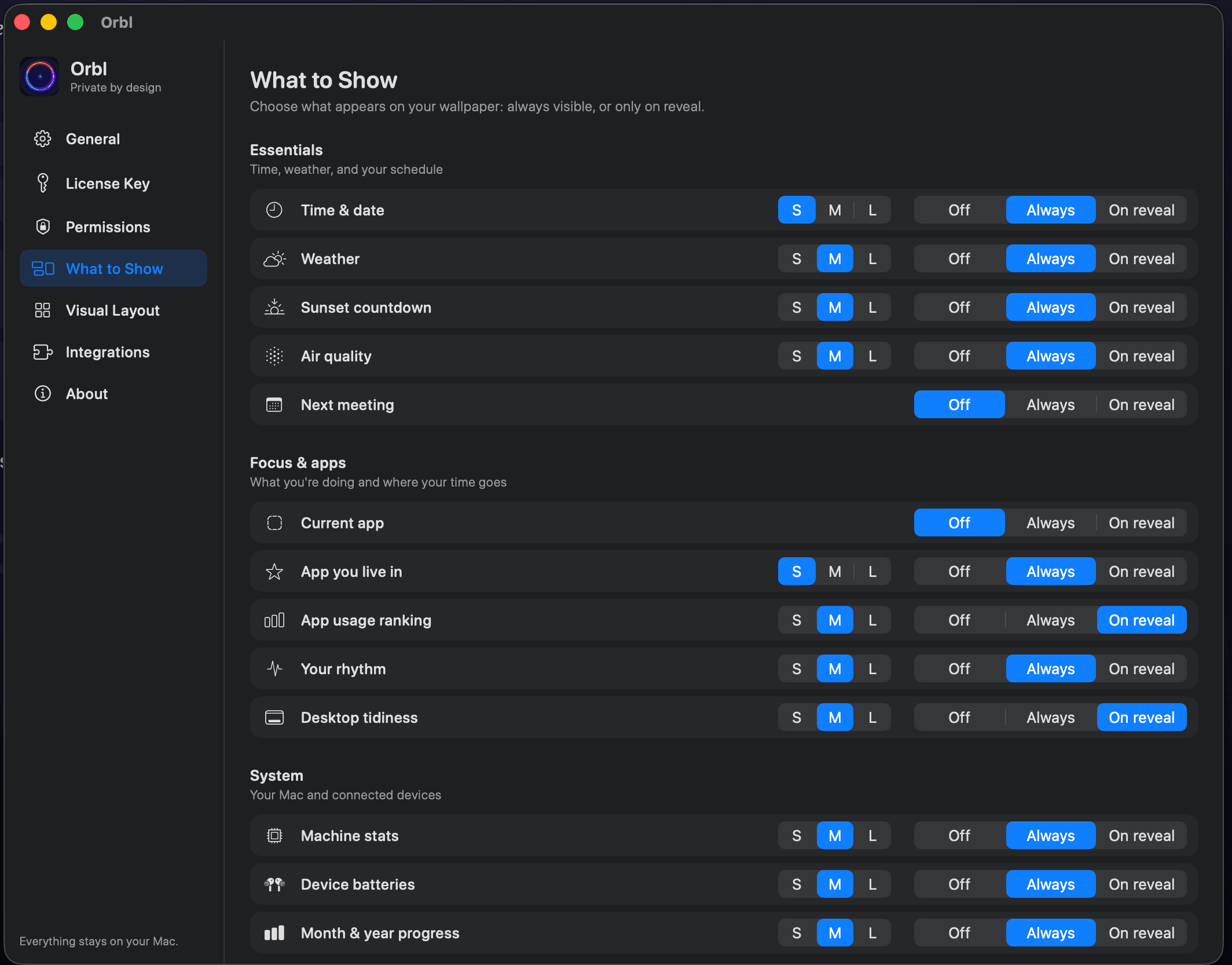 Orbl What to show settings